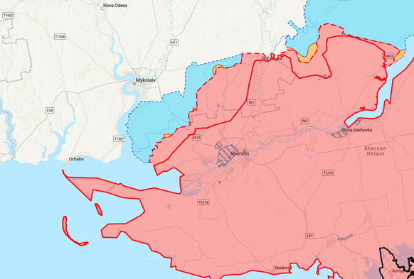 Les territoires contrôlés par les Russes, en rouge. La zone en bleu, au sud de Mykolaïv, montre les avancées territoriales ukrainiennes.