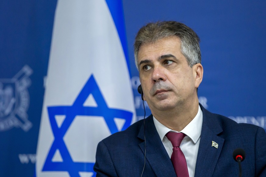 epa10790524 Israel&#039;s Foreign Minister Eli Cohen attends a joint press conference with the Moldovan Minister of foreign affairs and European integration at the Ministry of Foreign Affairs in Chisi ...