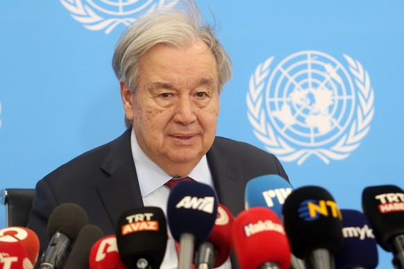 epa13139078 UN Secretary-General Antonio Guterres attends a press conference after his meeting with Cyprus President Nikos Christodoulides and Turkish Cypriot leader Tufan Erhurman (both not pictured) ...