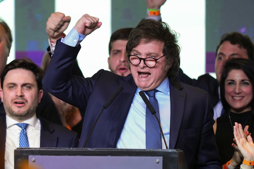 Javier Milei, presidential candidate of the Liberty Advances coalition, speaks at his campaign headquarters after polls closed for general elections in Buenos Aires, Argentina, Sunday, Oct. 22, 2023.  ...