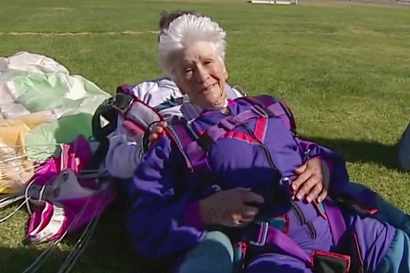 In this image made from video, Clare Nowland reacts following her skydive in Canberra, Australia April 6, 2008. Nowland, now 95, was in critical condition Friday, May 19, 2023, two days after police s ...
