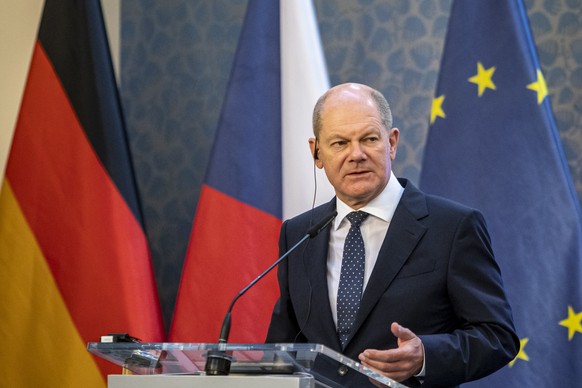 epa10145326 German Chancellor Olaf Scholz addresses a joint press conference with the Czech prime minister (not pictured) following their meeting in Prague, Czech Republic, 29 August 2022. Scholz is o ...