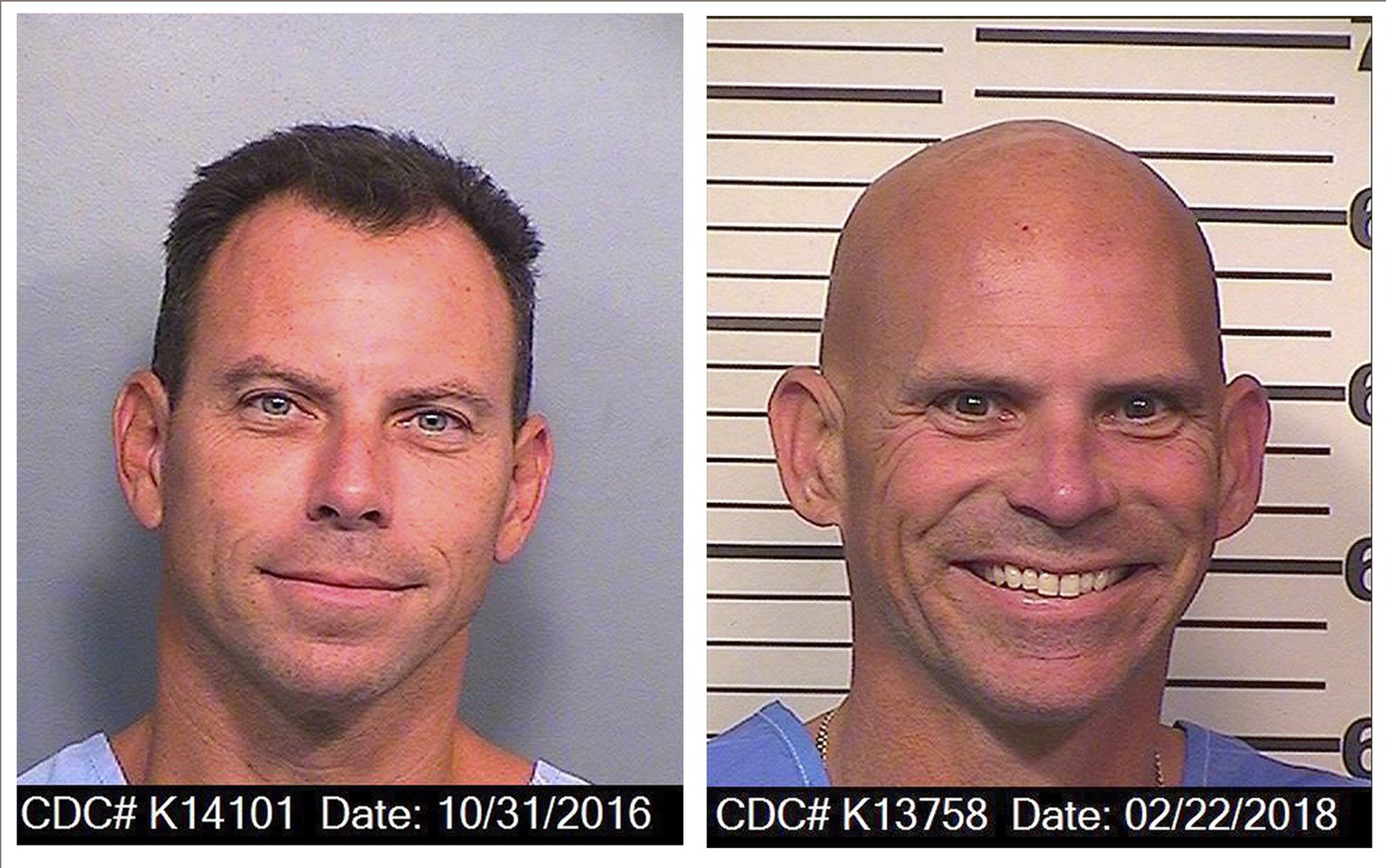 FILE - An Oct. 31, 2016, photo provided by the California Department of Corrections and Rehabilitation shows Erik Menendez, left, and a Feb. 22, 2018 photo provided by the California Department of Cor ...