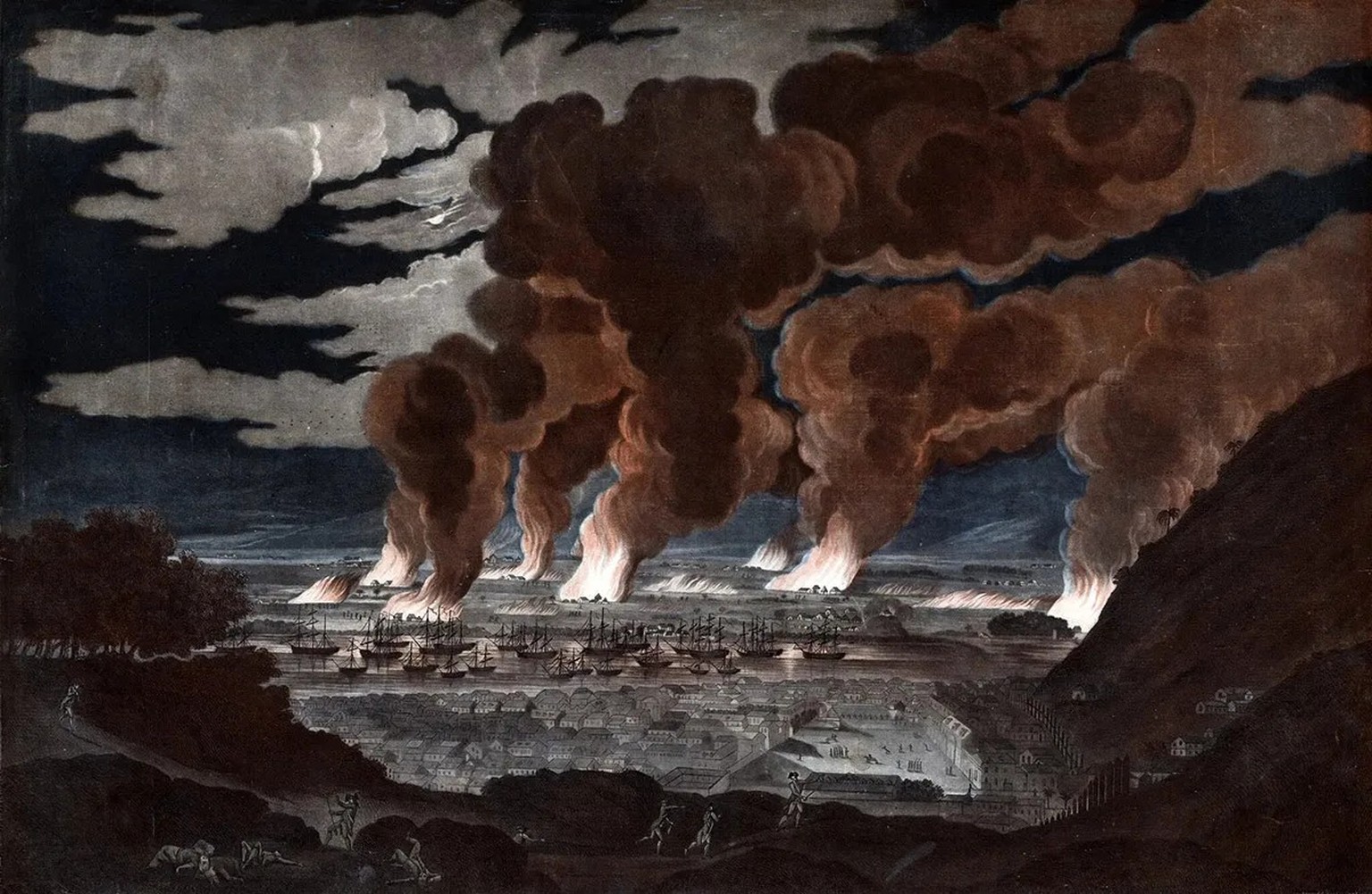 Au mois d’août 1791, les insurgés détruisent des centaines de plantations dans le nord de Saint-Domingue. Illustration de 1795.
https://commons.wikimedia.org/wiki/File:Vue_des_40_jours_d%27incendie_de ...