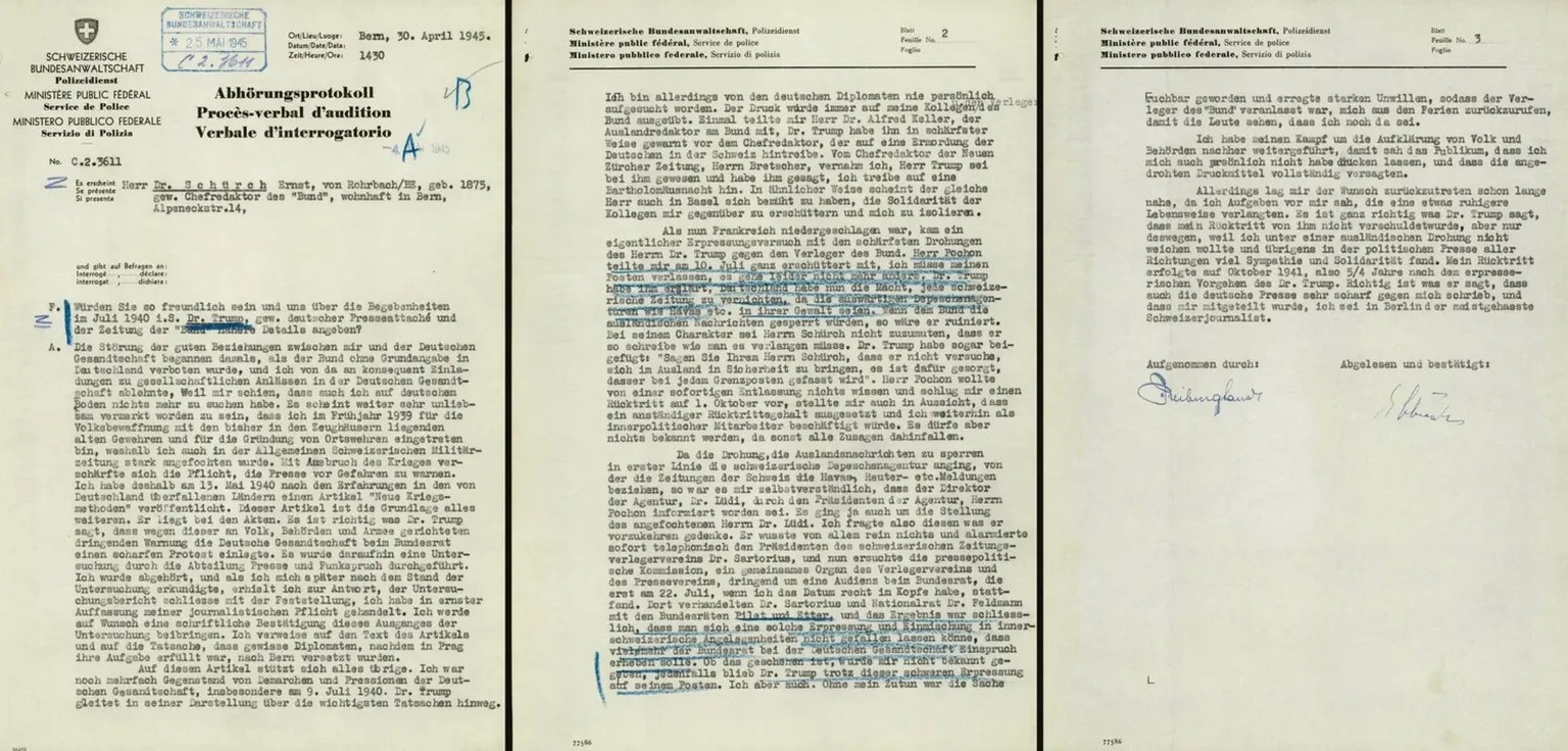 Procès-verbal d’une audition d’Ernst Schürch qui dépeint les événements de 1940 et sa relation à Georg Trump.
https://www.recherche.bar.admin.ch/recherche/#/fr/archive/unite/3420141