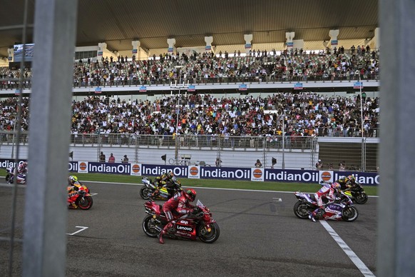 Riders start Sprint race during Moto GP Bharat in Greater Noida, on the outskirts of New Delhi, India Saturday, Sept. 23, 2023. (AP Photo/Manish Swarup)