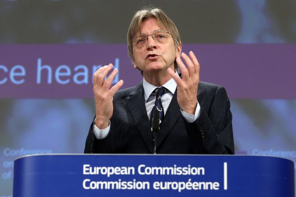 epa09145241 Member of the European Parliament Guy Verhofstadt speaks to the press during the opening remarks by the Co-Chairs of the Conference on the Future of Europe Executive Board in Brussels, Bel ...