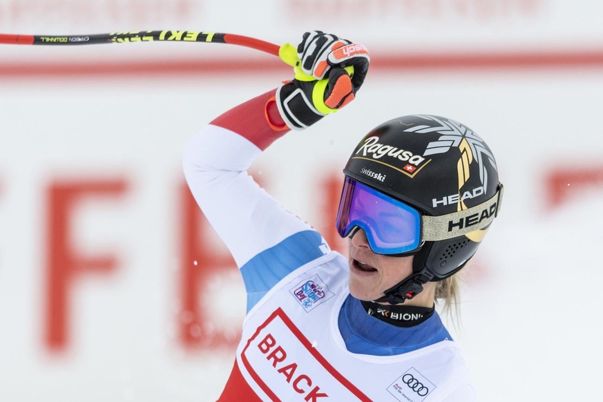 Lara Gut-Behrami of Switzerland reacts in the finish area during the women&#039;s Super-G race at the FIS Alpine Ski World Cup, in St. Moritz, Switzerland, Saturday, December 11, 2021. (KEYSTONE/Peter ...