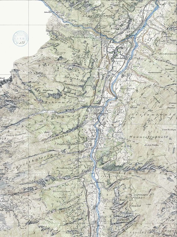 Feuille «Wassen» de la carte des fortifications de la région du Saint-Gothard, 1921. Généralement, les vallées revêtant une importance stratégique étaient relevées en premier avant que les opérations  ...
