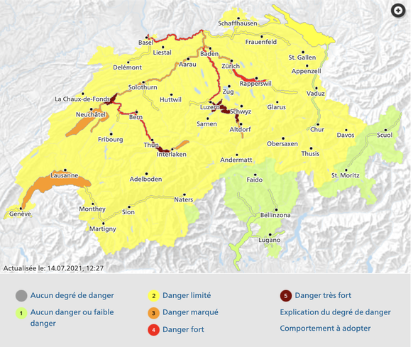 Dangers de crues actuels en Suisse