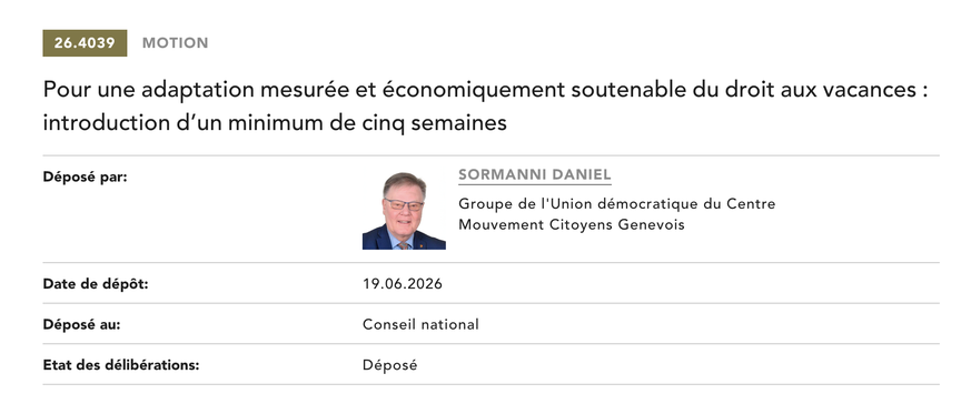 Motion: Pour une adaptation mesurée et économiquement soutenable du droit aux vacances : introduction d’un minimum de cinq semaines.