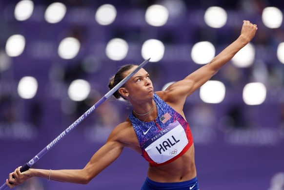 PARIS, FRANCE - AUGUST 09: Anna Hall of Team United States competes in the Women&#039;s Heptathlon Javelin Throw on day fourteen of the Olympic Games Paris 2024 at Stade de France on August 09, 2024 i ...