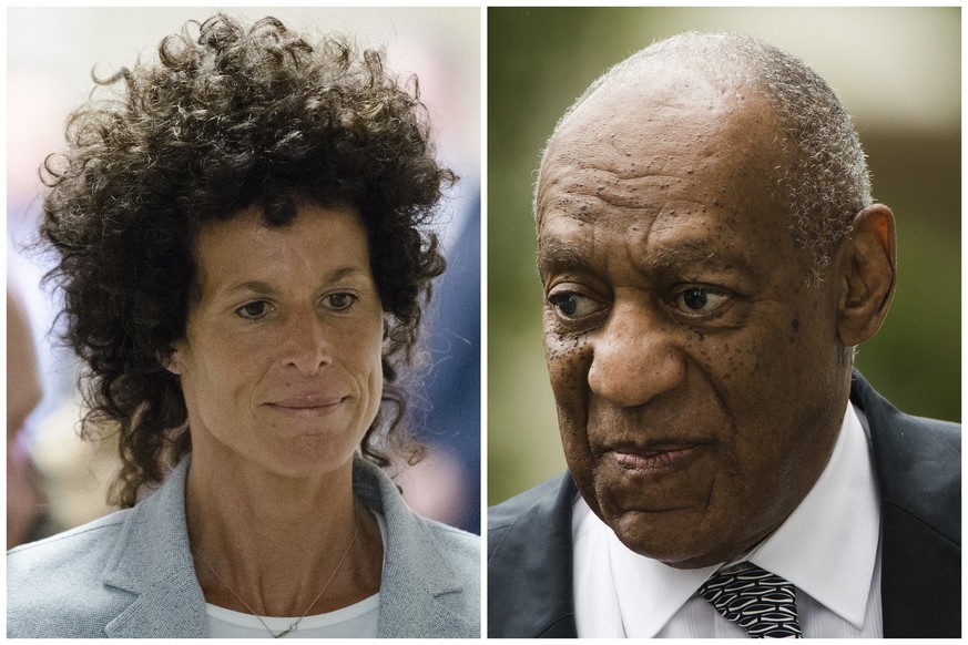FILE ��� This photo combination shows Andrea Constand, left, walking to the courtroom during Bill Cosby&#039;s sexual assault trial on June 6, 2017, at the Montgomery County Courthouse in Norristown,  ...