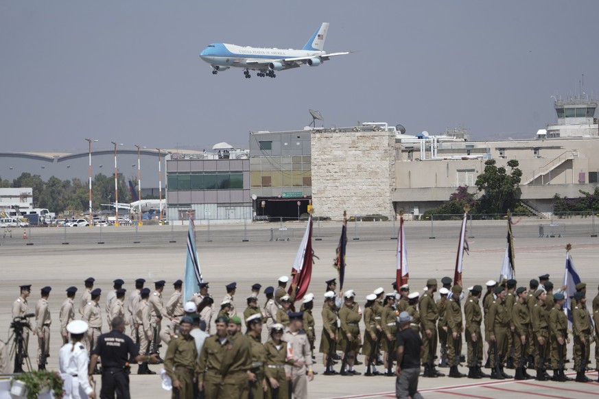 The Air Force One, carrying U.S. President Joe Biden, lands at the Ben Gurion airport near Tel Aviv, Israel Wednesday, July 13, 2022. Biden arrives in Israel on Wednesday for a three-day visit, his fi ...