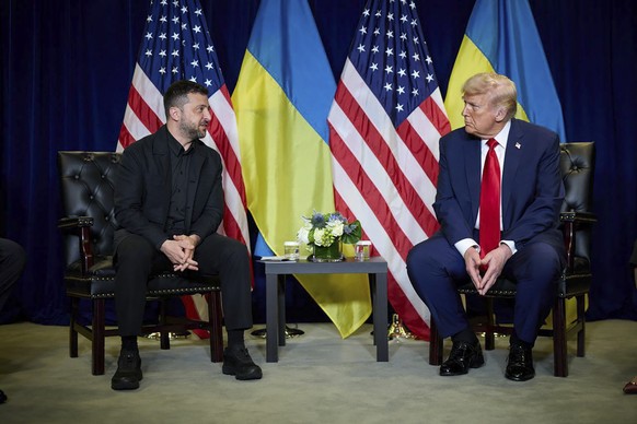 epaselect epa12400754 A handout photo made available by Ukrainian Presidential Press Service shows US President Donald J. Trump (R) and Ukrainian President Volodymyr Zelensky (L) meeting at the United ...