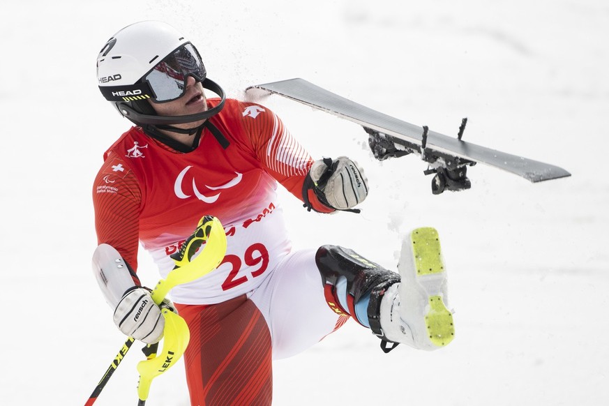 Robin Cuche of Switzerland in reacts after the Men&#039;s Slalom Standing in Yanqing National Alpine Skiing Centre of the Beijing 2022 Paralympic Winter Games on Sunday, 13 March 2022. (KEYSTONE/Ennio ...