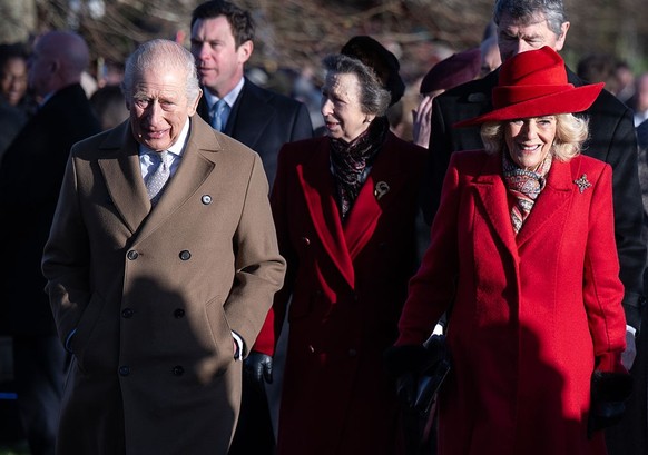 SANDRINGHAM, NORFOLK - DECEMBER 25: King Charles III and Queen Camilla attend the Christmas Morning Service at Sandringham Church on December 25, 2025 in Sandringham, Norfolk. (Photo by Samir Hussein/ ...