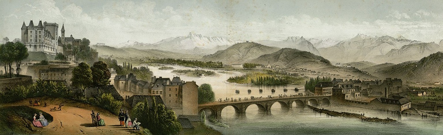 La ville de Pau, ici représentée sur une lithographie de Pierre Grose, voulait avoir quelque chose à offrir aux touristes anglosaxons, raison pour laquelle le Musée des Beaux-Arts palois acheta le tab ...