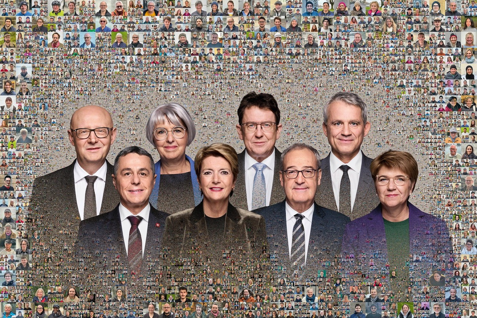HANDOUT - Das offizielle Bundesratsfoto 2025 mit Bundeskanzler Viktor Rossi (GLP), Bundesratsmitglieder Ignazio Cassis (FDP), Elisabeth Baume-Schneider (SP), Bundespraesidentin Karin Keller-Sutter (FD ...