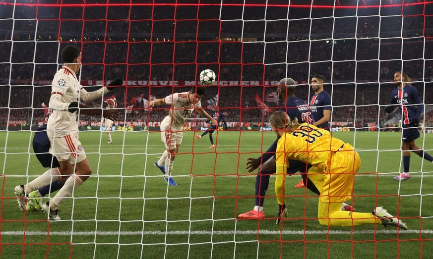MUNICH, GERMANY - NOVEMBER 26: Kim Min-Jae of Bayern Munich scores his team&#039;s first goal past Matvey Safonov of Paris Saint-Germain during the UEFA Champions League 2024/25 League Phase MD5 match ...