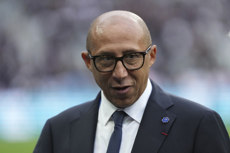 French Soccer Federation President Philippe Diallo arrives to the French Cup soccer final between Paris Saint-Germain and Reims at the Stade de France stadium in Saint-Denis, outside Paris, Saturday M ...