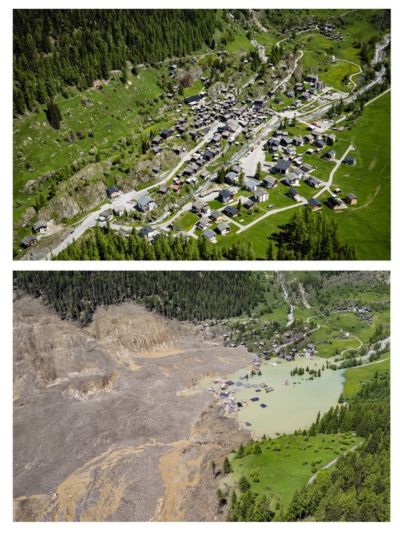 epa12143634 A combination of two photographs, showing the village of Blatten pictured on 23 May 2025 (top) and the picture of the village of Blatten (bottom), one day after a massive avalanche, trigge ...