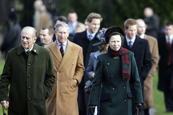 KING&#039;S LYNN, ENGLAND - DECEMBER 25: Prince Philip, Duke of Edinburgh, Prince Charles Prince of Wales, Prince William, Prince Harry, Princess Anne, Princess Royal are seen at Christmas Day service ...