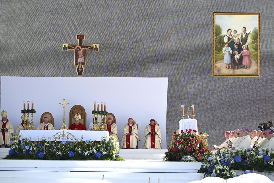 Crowd attending a Mass in which the Vatican beatified the Polish Ulma family, including small children, who were killed by the Nazis in 1944 for having sheltered Jews, in the Ulmas&#039; home village  ...