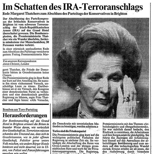La Dame de fer: Margaret Thatcher n’a survécu que de justesse à l’attentat. Elle a pourtant continué imperturbablement ses activités dès le lendemain matin, ce qui lui a valu la reconnaissance de nomb ...