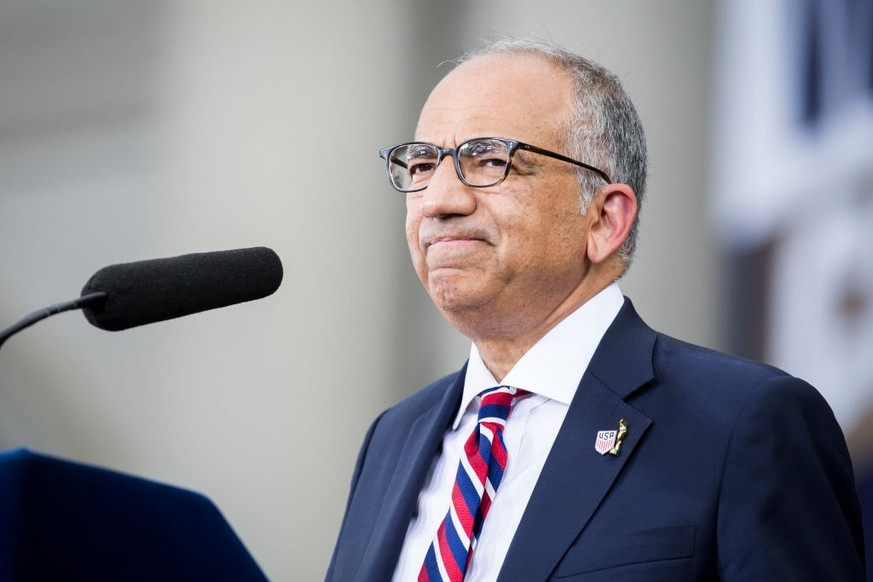 MANHATTAN, NY - JULY 10: Carlos Cordeiro, United States Soccer Federation President gives a speech on the steps of City Hall after the ticker tape parade down Broadway and through the through the Cany ...