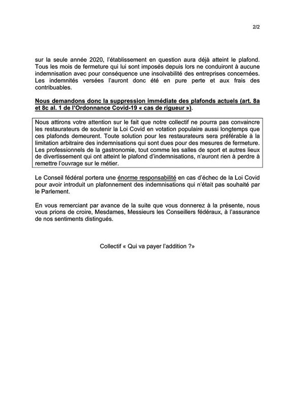 Lettre Conseil fédéral, Covid