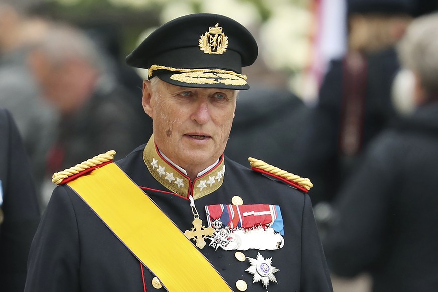 FILE - King Harald V of Norway leaves the Notre Dame cathedral after attending at the funeral of the Grand Duke Jean of Luxembourg, in Luxembourg, on May 4, 2019. Norwegian royal officials say that Ki ...