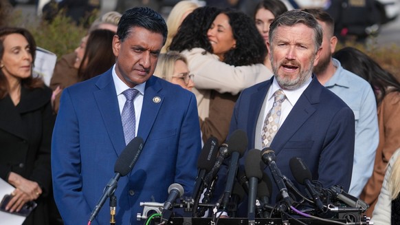 From left, Rep. Ro Khanna, D-Calif., Rep. Thomas Massie, R-Ky., and Rep. Marjorie Taylor-Greene, R-Ga., speak during a news conference as the House prepares to vote on the Epstein Files Transparency A ...