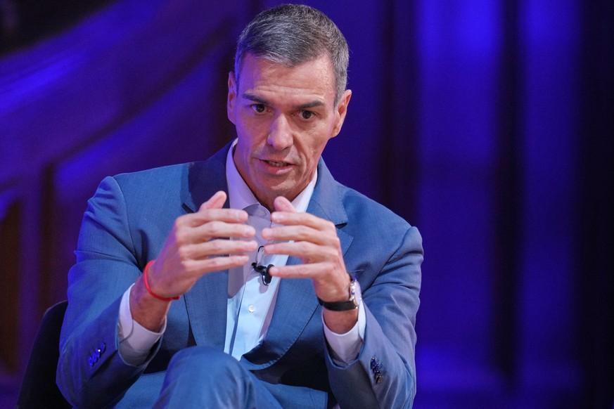 Prime Minister of Spain Pedro Sánchez gestures as he speaks at the Global Progress Action Summit, in London, Friday, Sept. 26, 2025. (AP Photo/Kin Cheung)
Britain Progress Action Summit