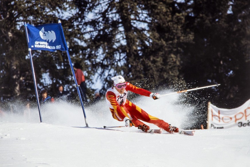 Pirmin Zurbriggen faehrt im Riesensaloman an den Alpinen Skiweltmeisterschaften in Crans Montana 1987 auf den ersten Platz, aufgenommen am 4. Februar 1987. Durch diesen Sieg gewinnt er seine zweite Go ...