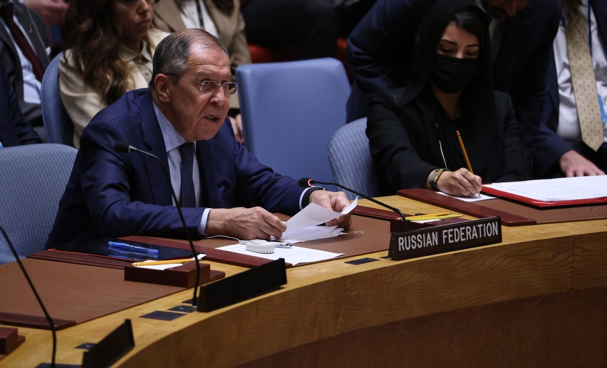 epa10199407 Russian Foreign Minister Sergey Lavrov speaks during a high-level United Nations Security Council meeting about the ongoing conflict in Ukraine on the sidelines of the General Debate of th ...