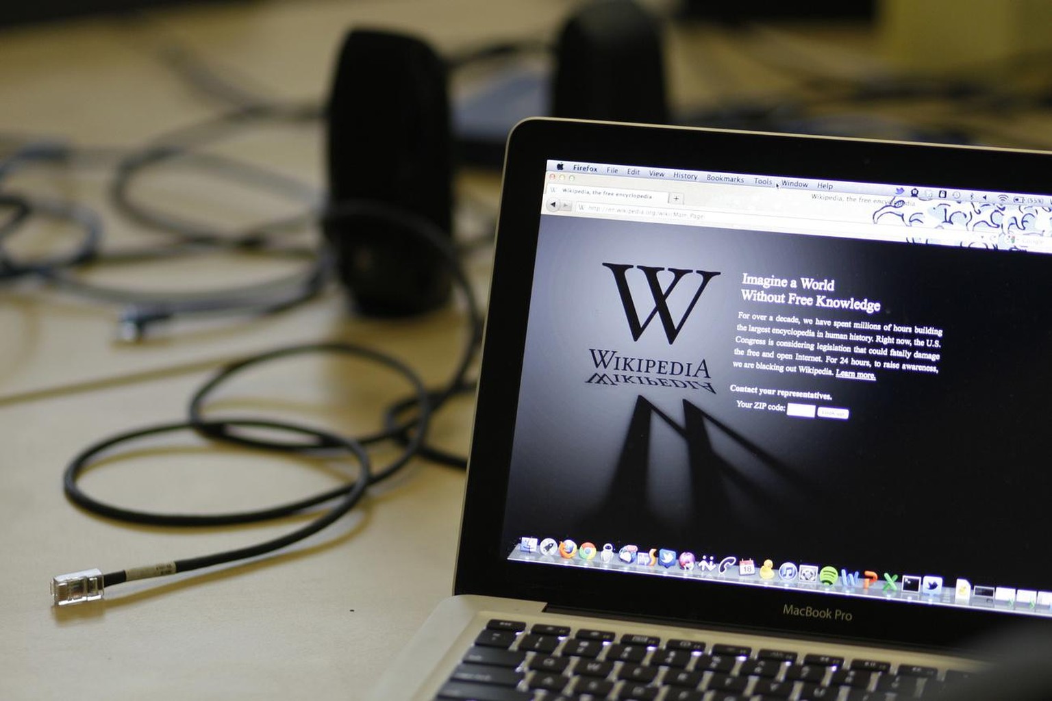 A blackout landing page is displayed on a laptop computer screen inside the &quot;Anti-Sopa War Room&quot; at the offices of the Wikipedia Foundation in San Francisco, Wednesday, Jan. 18, 2012. Januar ...