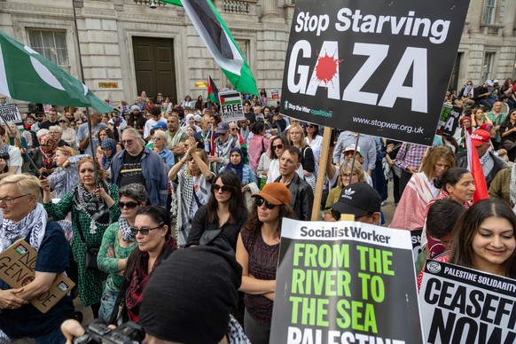 epa12357373 Pro-Palestinian protesters take part in the &#039;National March for Palestine&#039; in London, Britain, 06 September 2025. The protest, organized by the Palestine Solidarity Campaign, cal ...