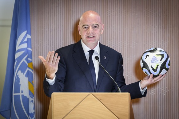 FIFA President Gianni Infantino, delivers his statement with the official ball of the 2023 women&#039;s football world cup during the opening of the 76th World Health Assembly (WHA) at the European he ...