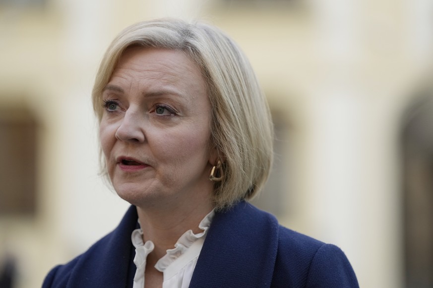 British Prime Minister Liz Truss makes a press statement after a meeting of the European Political Community at Prague Castle in Prague, Czech Republic, Thursday, Oct 6, 2022. Leaders from around 44 c ...