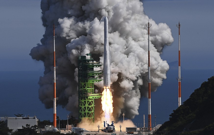 The Nuri rocket, the first domestically produced space rocket, lifts off from a launch pad at the Naro Space Center in Goheung, South Korea, Tuesday, June 21, 2022. South Korea launched its first dome ...