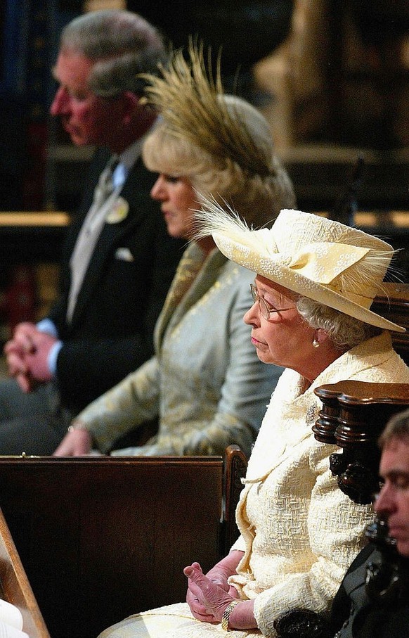 WINDSOR, ENGLAND - APRIL 9: (NO UK SALES FOR 28 DAYS) TRH Prince Charles and The Duchess Of Cornwall, Camilla Parker Bowles sit with HM Queen Elizabeth, The Duke of Edinburgh and The Duke of York when ...