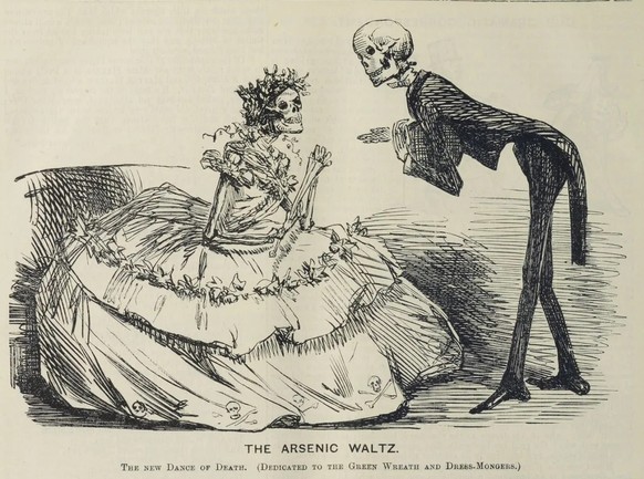 «Dédicace aux marchands de couronnes et de vêtements verts»: la revue satirique britannique Punch illustre la problématique des colorants de synthèse sous la forme d’une danse macabre, 1862.
https://h ...