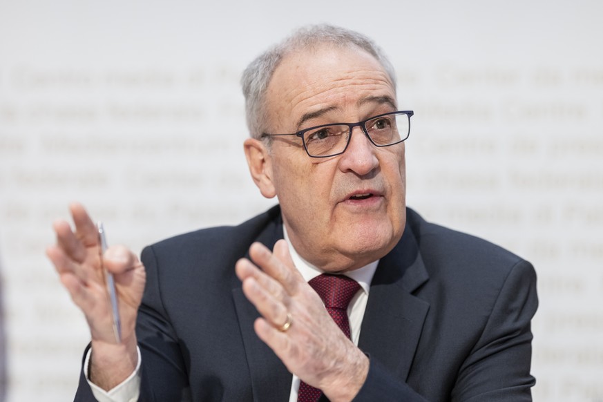 Bundespraesident Guy Parmelin spricht zur eidgenoessischen Abstimmung ueber die Aenderung des Zivildienstgesetzes vom kommenden 14. Juni, am Donnerstag, 26. Maerz 2026 in Bern. (KEYSTONE/Alessandro de ...