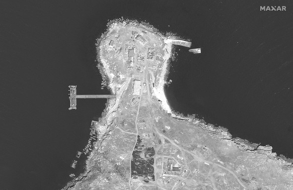 This WorldView-1 satellite black and white image from Maxar Technologies shows the northern end of Snake Island with burn marks in the Black Sea, on Tuesday, June 21, 2022. (Satellite image ©2022 Maxa ...