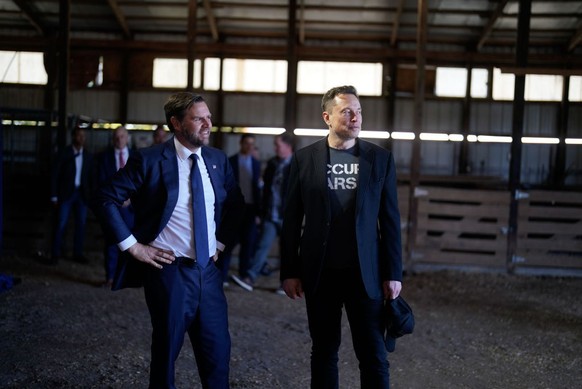 BUTLER, PA - OCT. 5: Republican vice presidential nominee Sen. JD Vance (R-Ohio) and Elon Musk ahead of a campaign event at the Butler Farm Show, Saturday, Oct. 5, 2024, in Butler, Pa. This is the fir ...