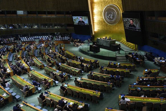FILE - Ukraine&#039;s President Volodymyr Zelenskyy addresses the 79th session of the United Nations General Assembly, Sept. 25, 2024, at UN headquarters. (AP Photo/Julia Demaree Nikhinson, File)