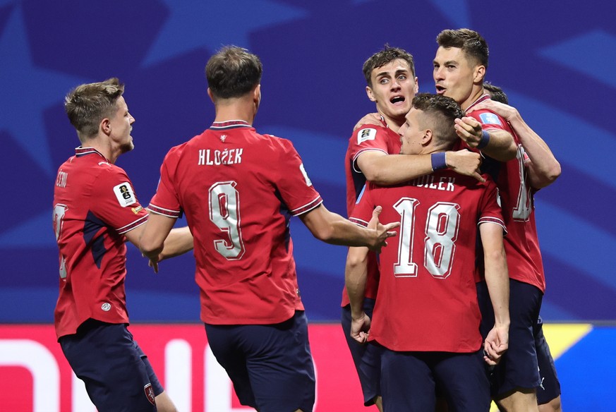 epaselect epa13047178 Michal Sadilek of Czech Republic (2R) celebrates with teammates after scoring the 1-0 opening goal during the FIFA World Cup 2026 group stage match Czechia against South Africa,  ...