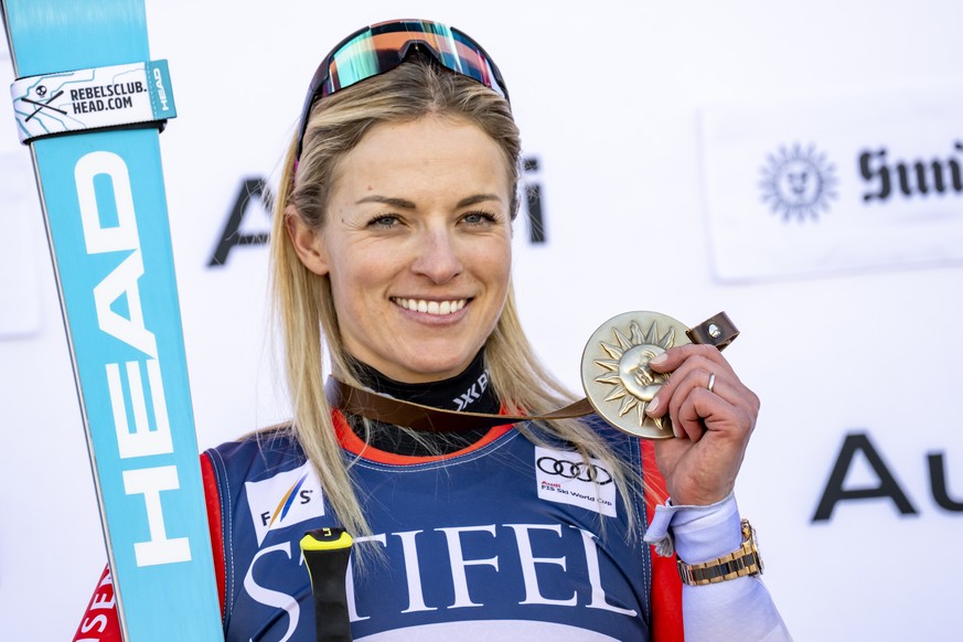 Winner Lara Gut-Behrami of Switzerland celebrates during the podium ceremony of the women&#039;s Giant Slalom race at the FIS Alpine Ski World Cup Finals, in Sun Valley Resort, Idaho, United States, T ...