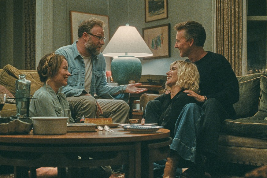 This image released by A24 shows, from left, Olivia Wilde, Seth Rogen, Penelope Cruz, and Edward Norton in a scene from "The Invite." (A24 via AP)
Film Review - The Invite